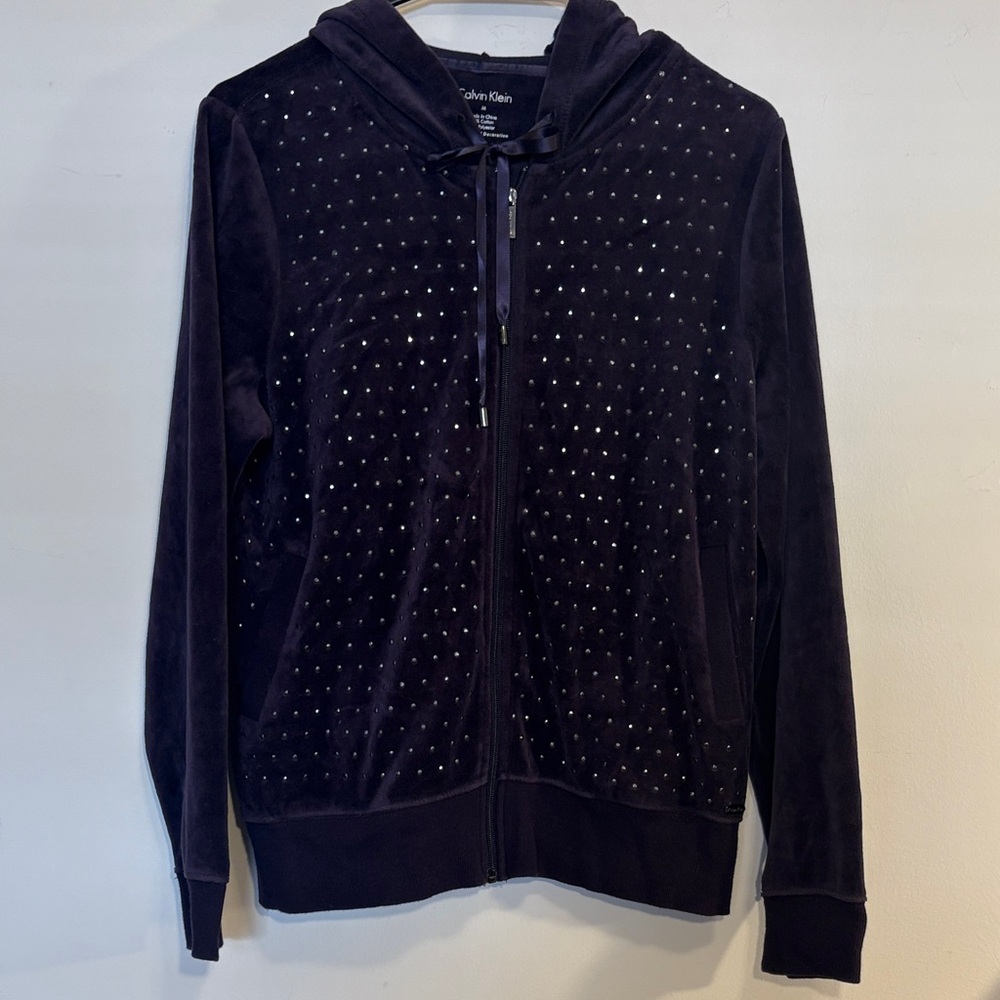 Y2K Velour Rhinestone Full Zip Up Hoodie Track Suit Jacket Velvety Calvin Klein